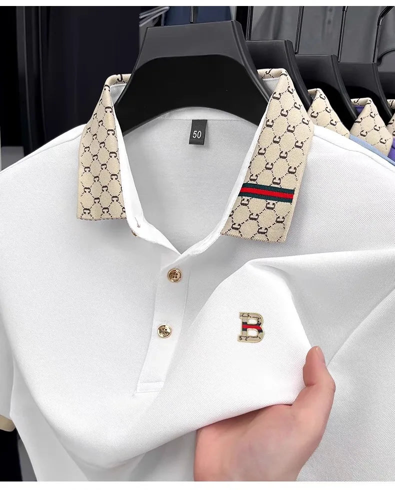 Luxury brand B letter embossed short sleeve polo shirt men summer lightweight breathable new fashion color blocked lapel T-shirt - Prolificstore