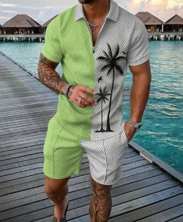 Summer New Men's 3D Printing Short Sleeve Zipper Polo Shirt Shorts Set  Men Casual  2-piece Vacation Beach Set - Prolificstore