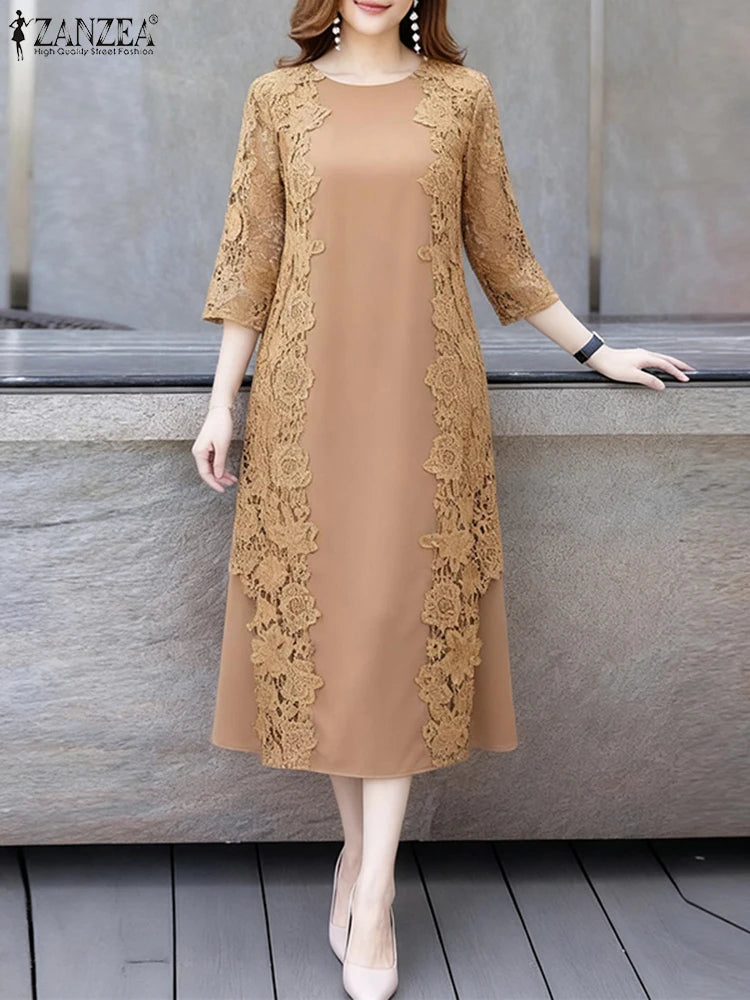 ZANZEA Women Stylish Lace Patchwork Dresses 2025 Autumn 3/4 Sleeve Office Sundress Embroidered Midi Robe Elegant Party Dress - Prolificstore