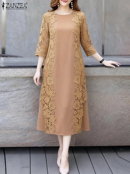 ZANZEA Women Stylish Lace Patchwork Dresses 2025 Autumn 3/4 Sleeve Office Sundress Embroidered Midi Robe Elegant Party Dress - Prolificstore