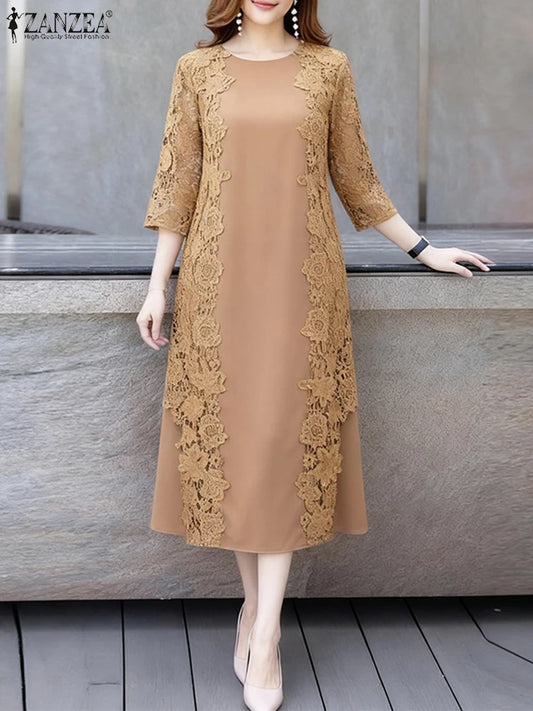 ZANZEA Women Stylish Lace Patchwork Dresses 2025 Autumn 3/4 Sleeve Office Sundress Embroidered Midi Robe Elegant Party Dress
