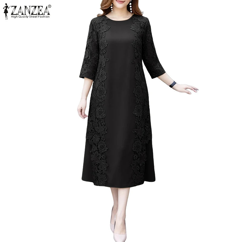 ZANZEA Women Stylish Lace Patchwork Dresses 2025 Autumn 3/4 Sleeve Office Sundress Embroidered Midi Robe Elegant Party Dress - Prolificstore