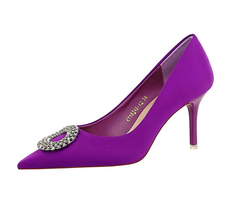 2025 New Shallow Mouth Women's Pumps Fashion Satin Rhinestone Round Buckle Stiletto Solid Color Pointed Sexy Ladies Single Shoes