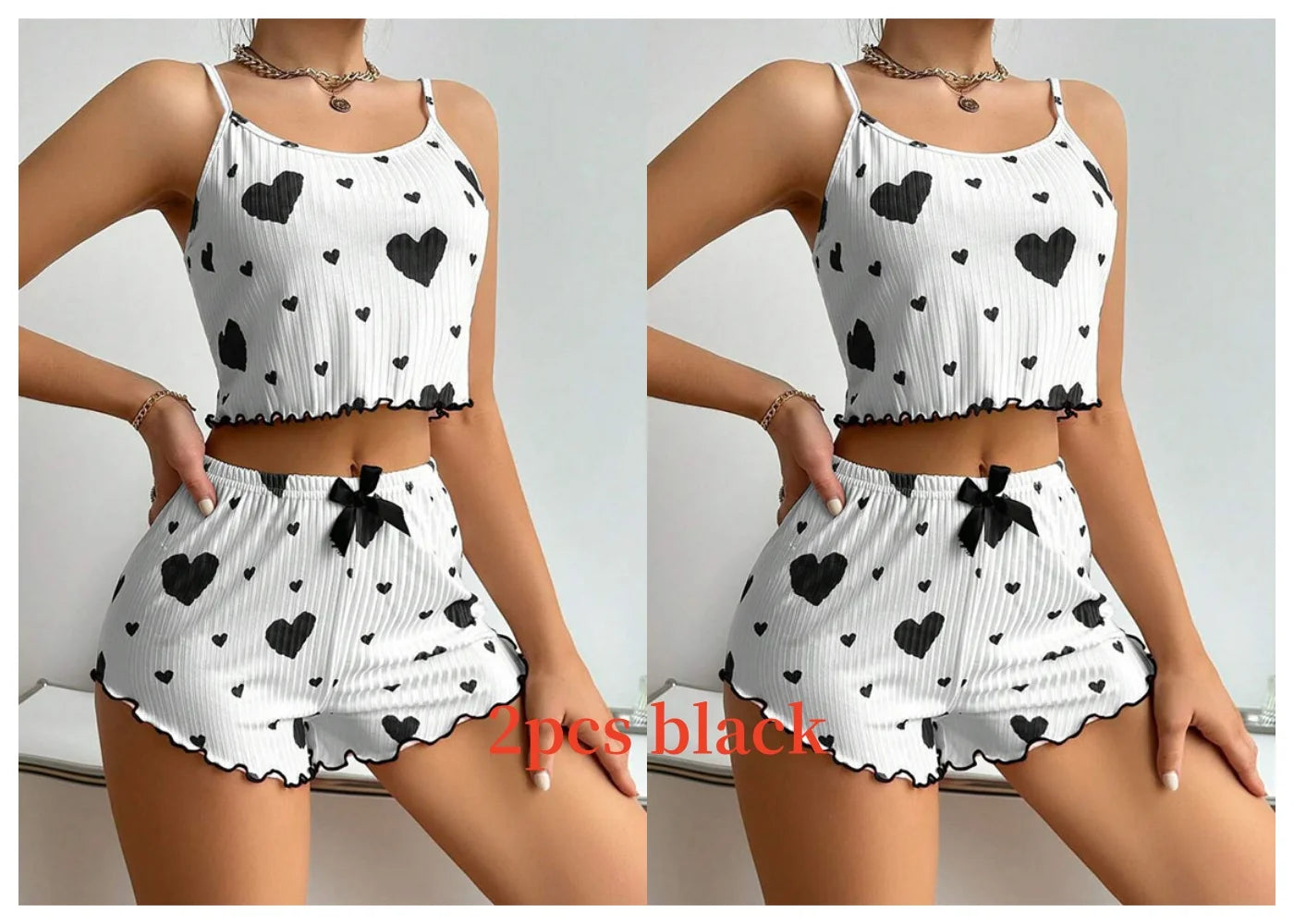 Women's Pajamas Set Sleepwear 2 PCS Short Tank Tops And Shorts S M L White Ventilate Soft Casual Love Printing - Prolificstore