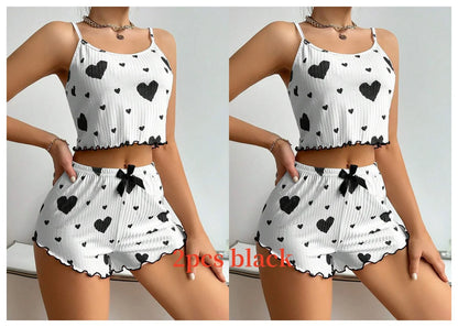 Women's Pajamas Set Sleepwear 2 PCS Short Tank Tops And Shorts S M L White Ventilate Soft Casual Love Printing - Prolificstore
