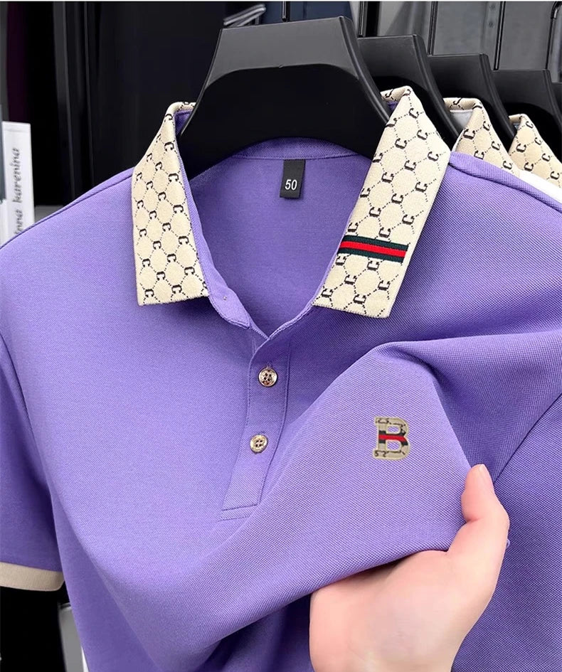 Luxury brand B letter embossed short sleeve polo shirt men summer lightweight breathable new fashion color blocked lapel T-shirt - Prolificstore