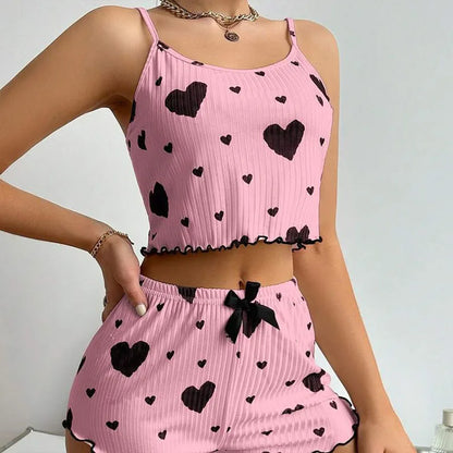 Women's Pajamas Set Sleepwear 2 PCS Short Tank Tops And Shorts S M L White Ventilate Soft Casual Love Printing - Prolificstore
