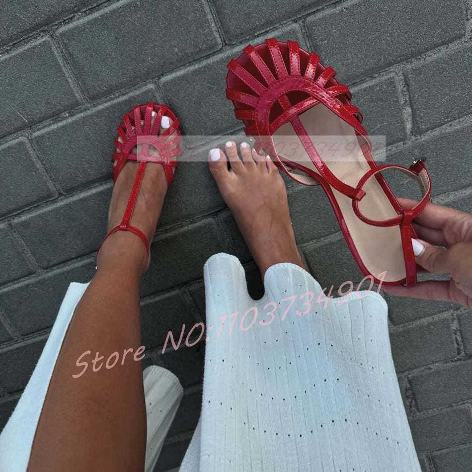 Red Caged Toe Sandals Women Sexy T-bar Round Toe Ankle Strap High Heels Shoes Ladies Casual Patent Leather Sandals
