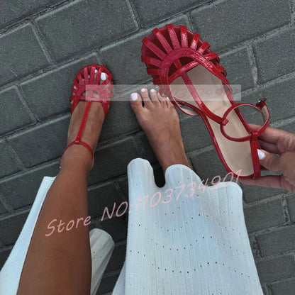 Red Caged Toe Sandals Women Sexy T-bar Round Toe Ankle Strap High Heels Shoes Ladies Casual Patent Leather Sandals