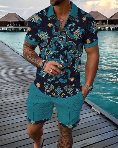 Summer New Men's 3D Printing Short Sleeve Zipper Polo Shirt Shorts Set  Men Casual  2-piece Vacation Beach Set - Prolificstore